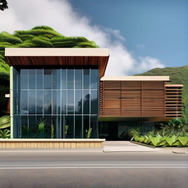 Elegant modern building with glass walls and wooden exterior, surrounded by tropical greenery.