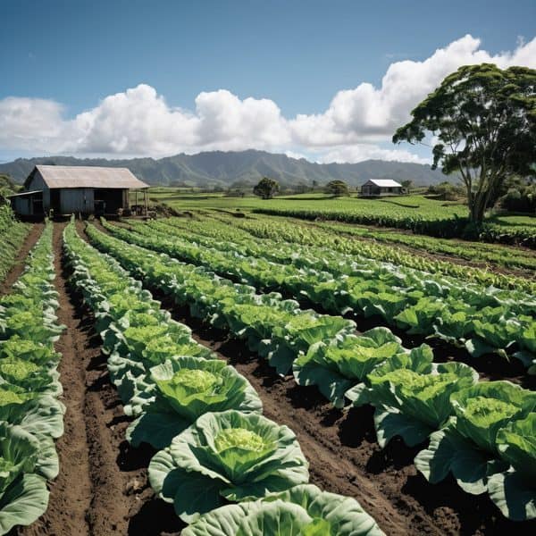 Cabbage farm in Fiji with lush green crops and scenic mountain views.