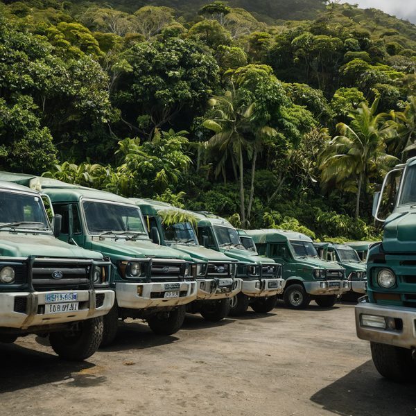 Fiji Global News fleet of green vehicles parked in lush tropical forest setting.
