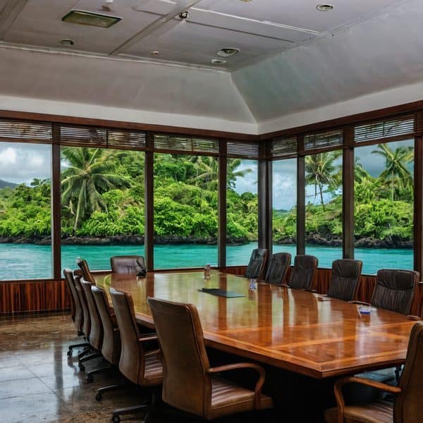 Conference room overlooking tropical ocean scenery in Fiji.