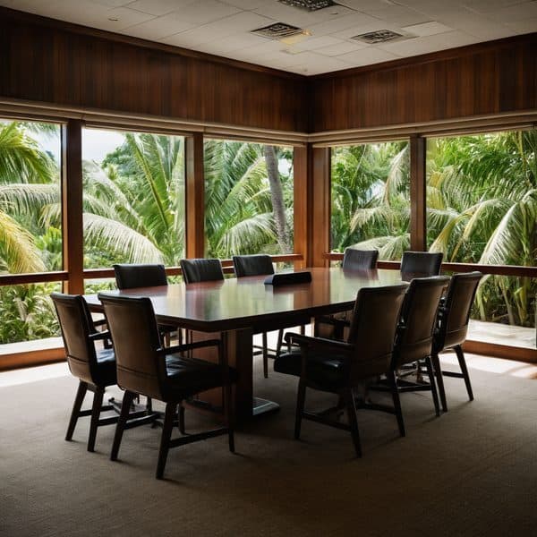 Conference room with large windows overlooking lush tropical greenery.