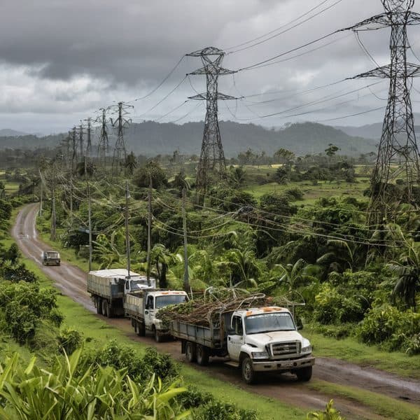 Power lines and trucks on rural road in Fiji's lush landscape.