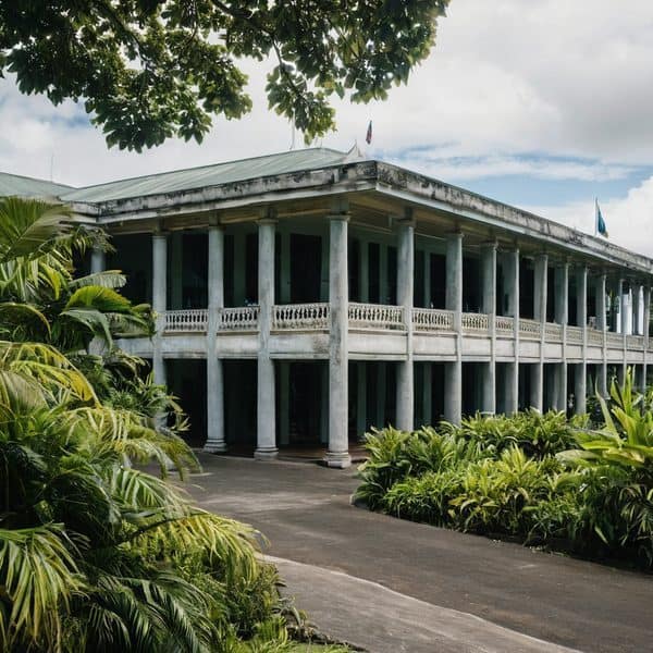 Historic Fiji government building with colonial architecture and lush greenery.