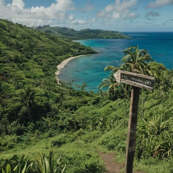 Scenic view of Fiji's lush jungle leading to a pristine beach and turquoise ocean.