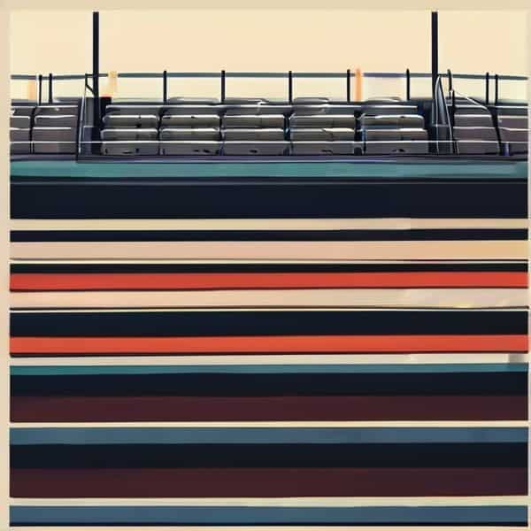 Empty stadium seats with colorful stripes.