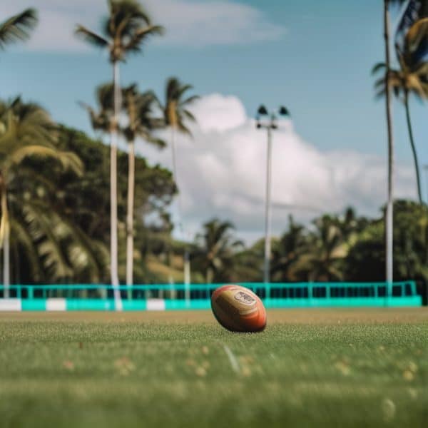 Rugby ball on a lush green field with palm trees and blue sky in Fiji.