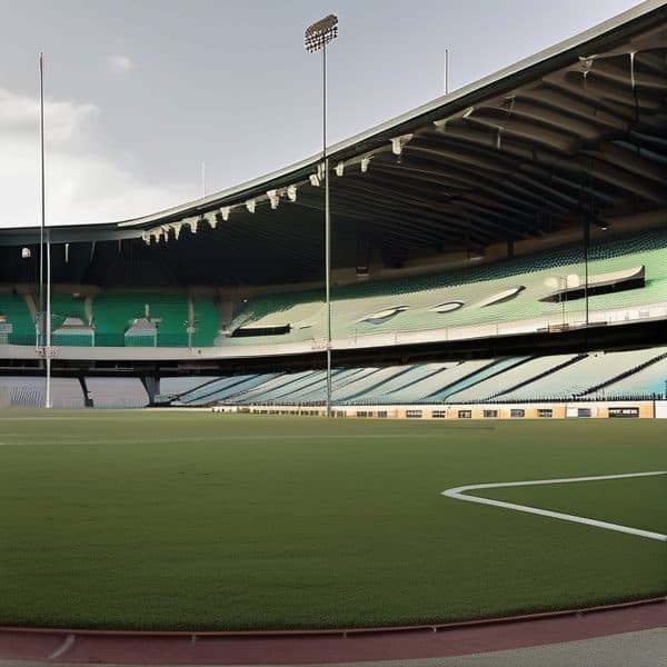 Empty Fiji stadium with green field and seating.