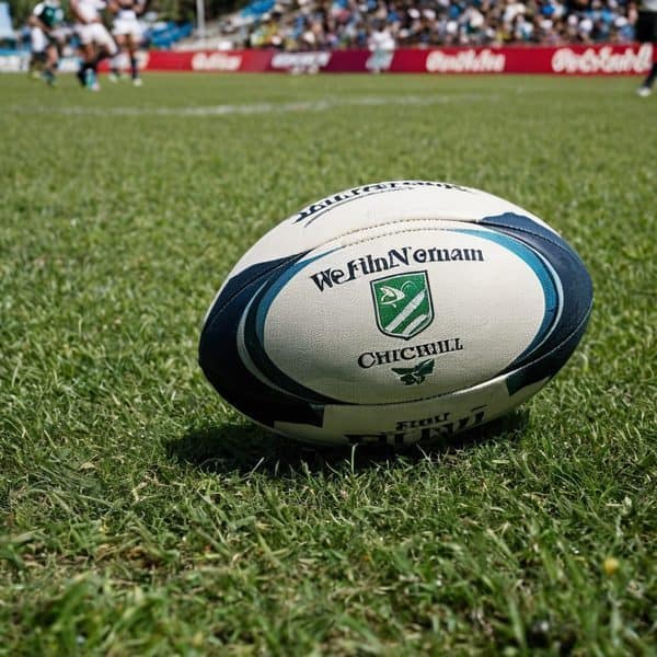 Rugby ball with Fiji team logo on a grassy field during a match.