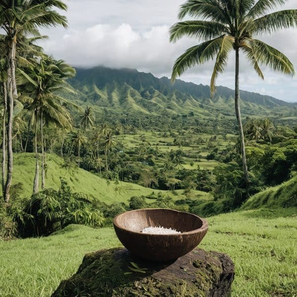 Scenic Fijian landscape with rice fields, palm trees, and lush mountains in the background.