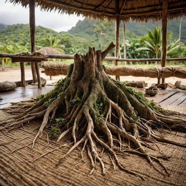 Tree roots on a wooden platform in a tropical setting.