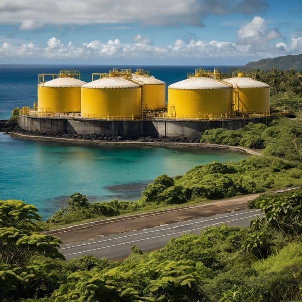 Large yellow oil storage tanks on a coastal site in Fiji.