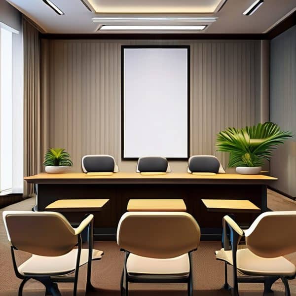 Modern conference room with chairs, table, and plants for meetings.