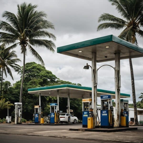 Gas station with palm trees, cloudy sky, and parked cars in a tropical setting.