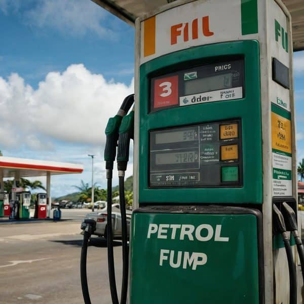 Close-up of petrol pump at Fiji fuel station with price display and fuel options.
