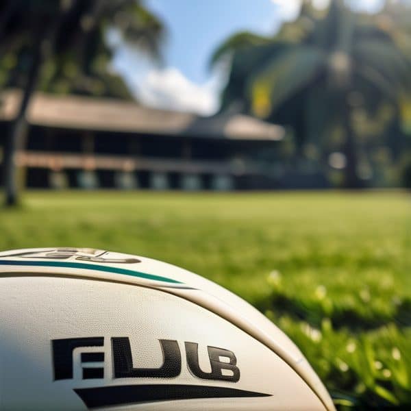 Rugby ball resting on a lush green field with a tropical background in Fiji.