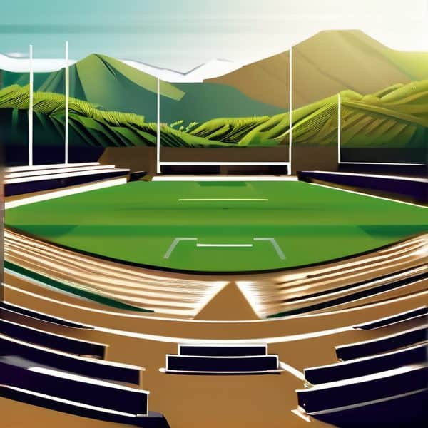 Modern stadium with lush green mountains in the background.