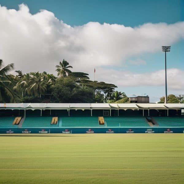 Fiji sports stadium with lush trees and cloudy sky in the background.