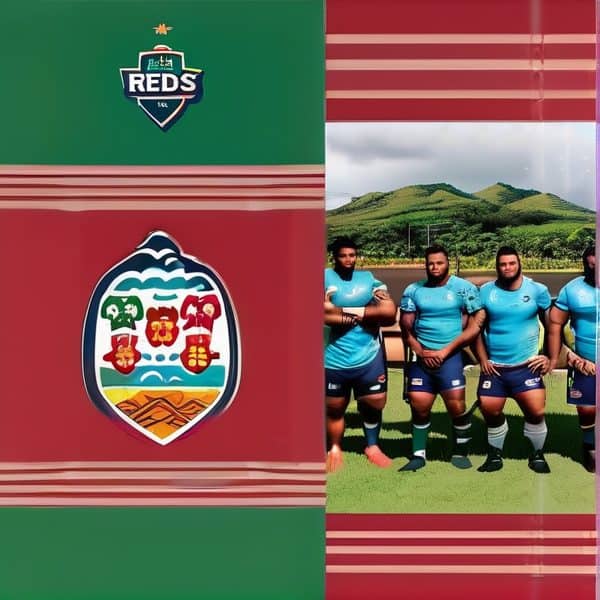 Fiji rugby players in blue uniforms standing on the field with lush green hills in the background.
