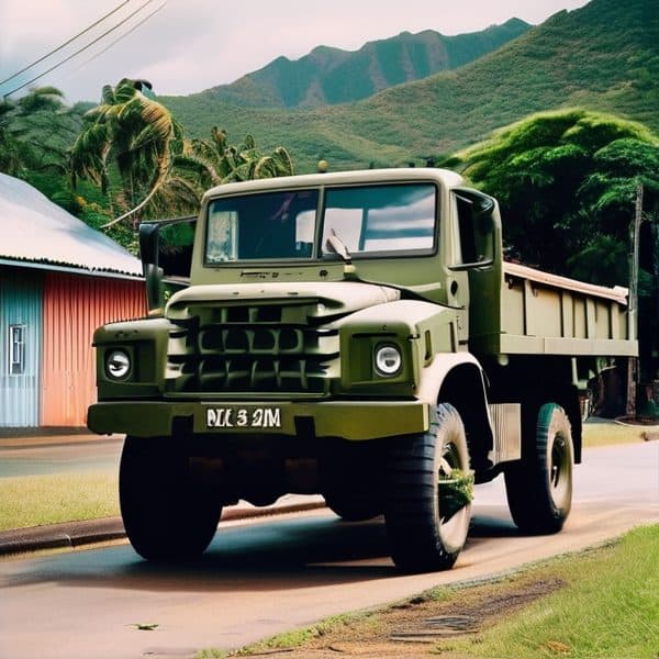 Military truck in Fiji with lush green mountains in the background.