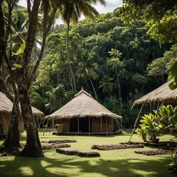 Traditional Fijian huts in a lush tropical village setting.