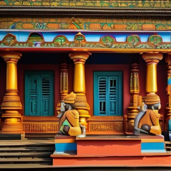 Colorful Fijian temple entrance with intricate carvings and traditional statues.