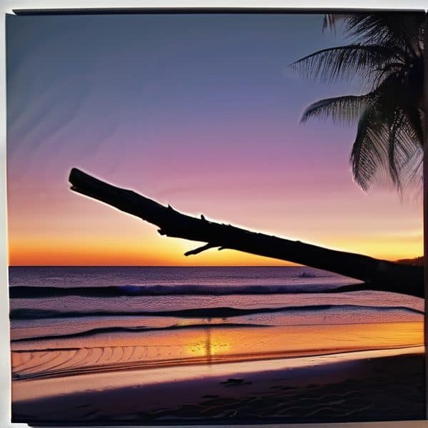 Sunset over a Fiji beach with palm trees, vibrant sky, and gentle ocean waves.