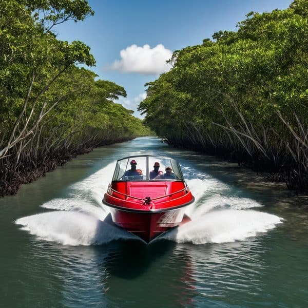 Speedboat in Fiji mangroves for eco-tourism and adventure.