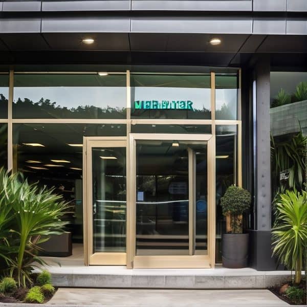 Modern office entrance with glass doors and potted plants.