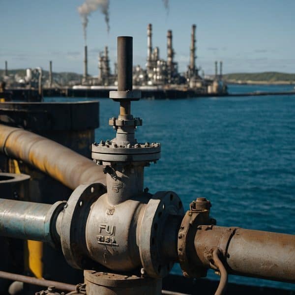 Oil refinery infrastructure with pipes and industrial facilities near water.