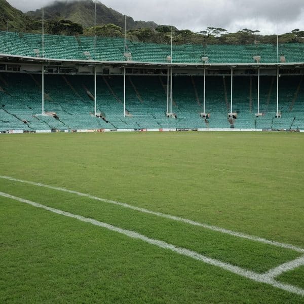 Fiji National Stadium, a large sports venue with green seating and a well-maintained grass field.