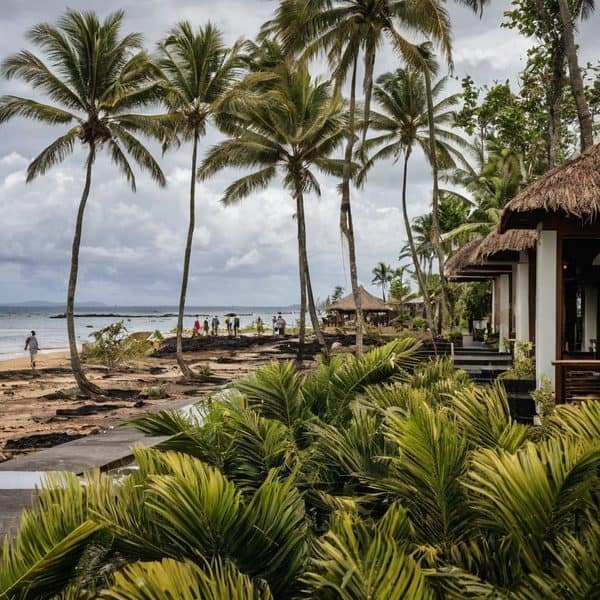 Scenic tropical beach with palm trees and resort in Fiji.