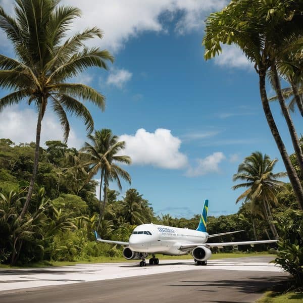 Small tropical airport with airplane surrounded by lush palm trees under blue sky.