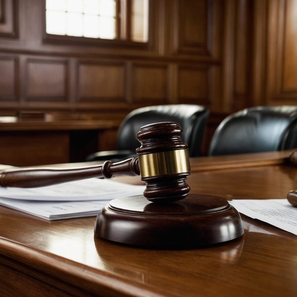 Legal gavel on courtroom table symbolizing justice and law.