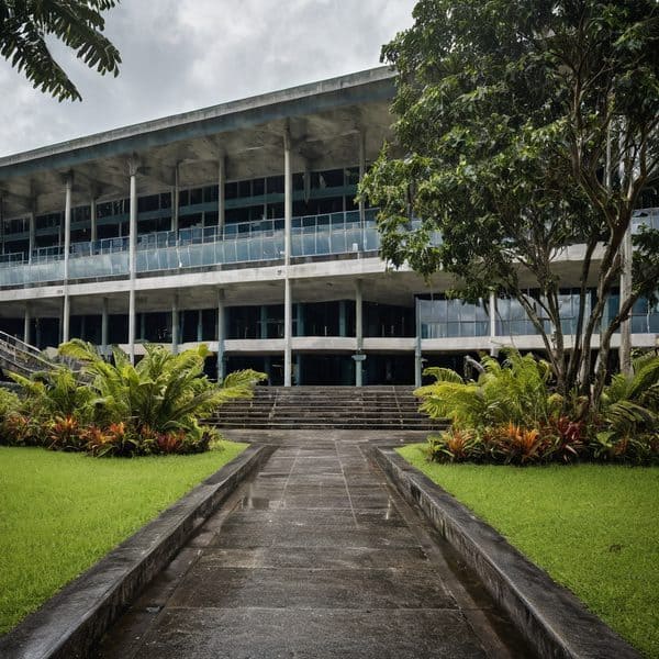 Modern Fiji government building with lush landscaping and a pathway.