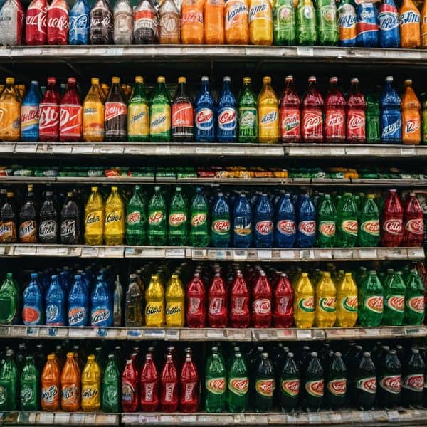 Assorted Coca-Cola bottles displayed on store shelves.