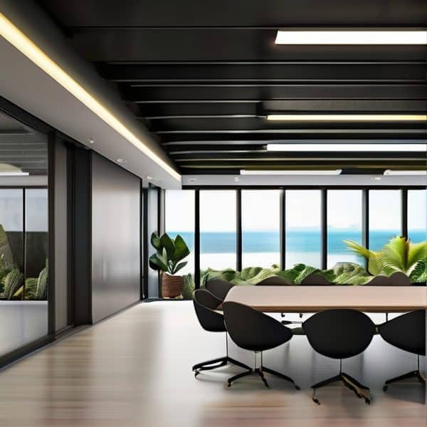 Modern conference room with ocean view, plants, and stylish furniture.