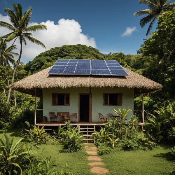 Solar-powered house in Fiji surrounded by lush greenery and tropical trees.