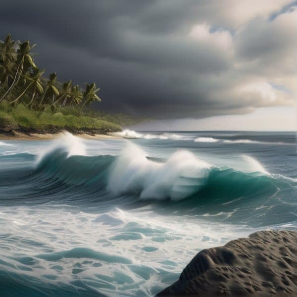 Stormy ocean waves crashing on the shore with dark clouds overhead.