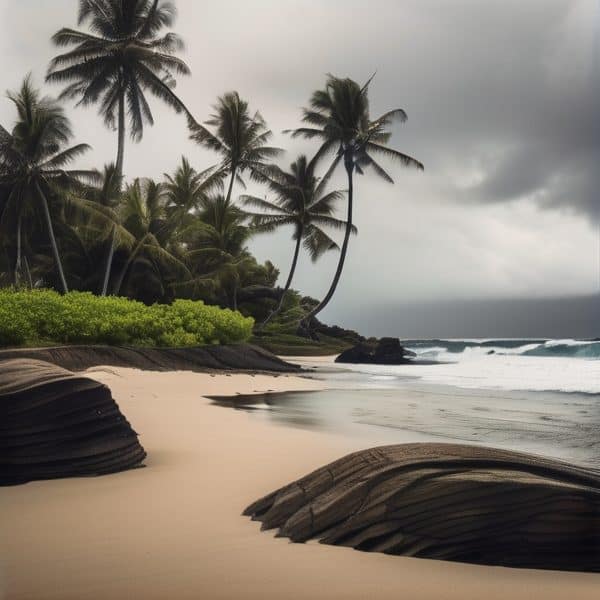 Scenic tropical beach with palm trees, rocks, and ocean waves under cloudy sky.