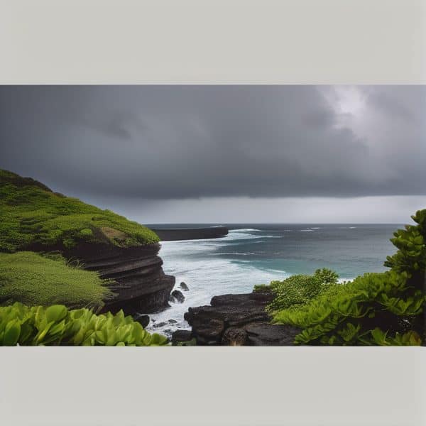 Coastal cliffs with lush greenery overlooking the ocean in Fiji under stormy skies.