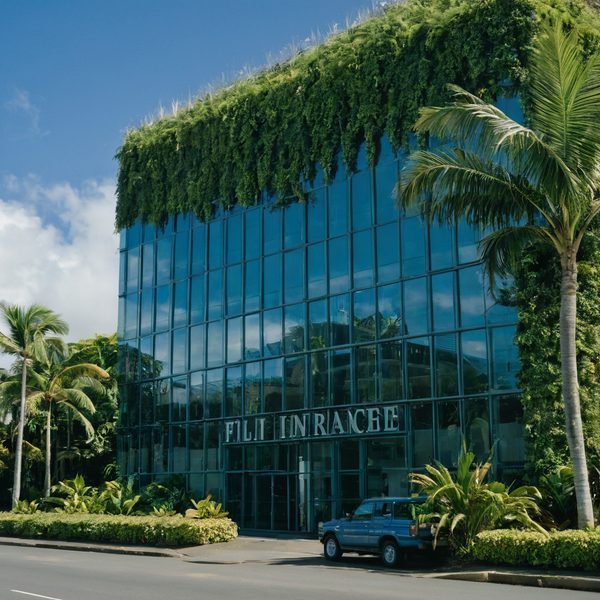 Modern glass office building with lush greenery and tropical trees.