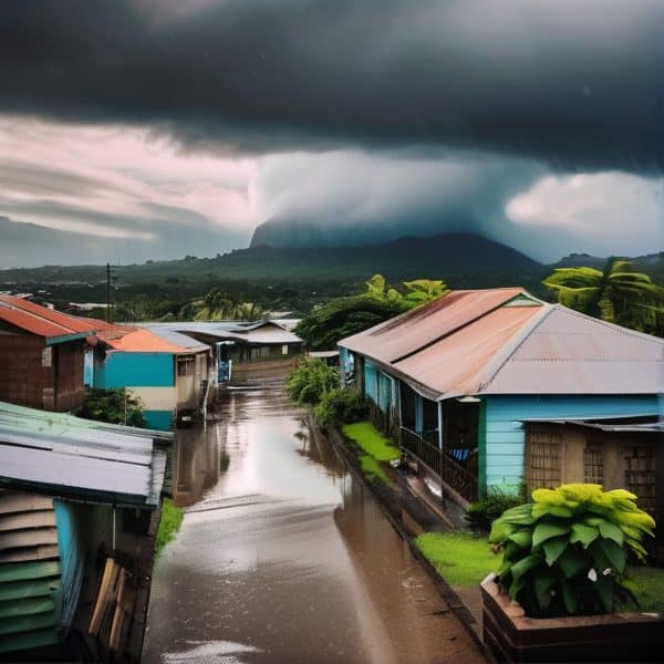 Stormy weather over a Fijian village with heavy rain and dark clouds in the sky.