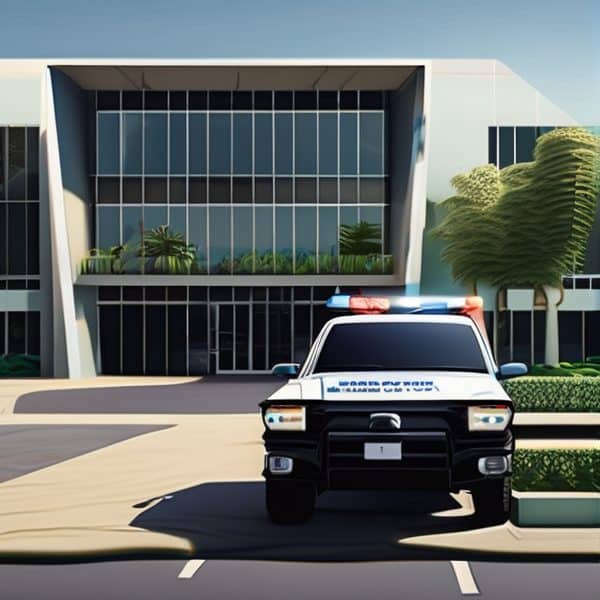 Emergency police vehicle in front of modern office building.