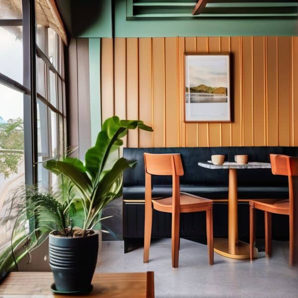 Cozy cafe interior featuring a large window, green plant, and modern decor for a relaxing atmosphere.