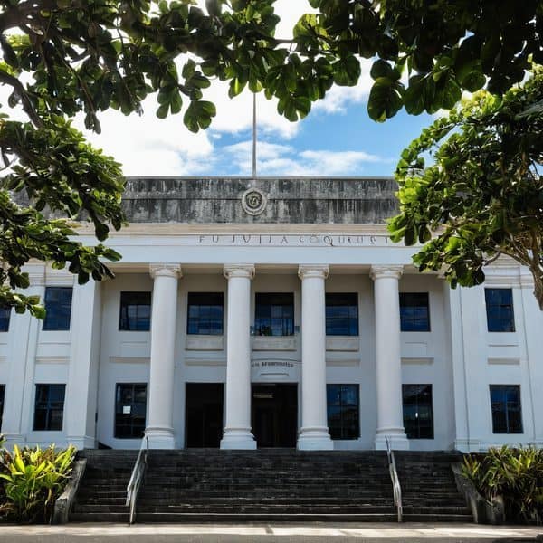 Fiji government building with classical columns and lush greenery.