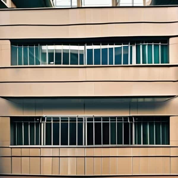 Contemporary building exterior featuring curved lines and large glass windows.