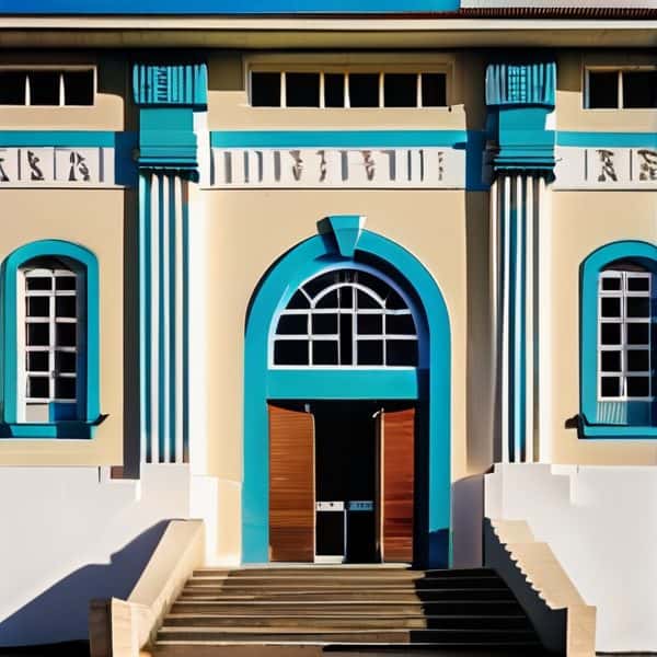Historic building with blue accents and grand entrance in Fiji.