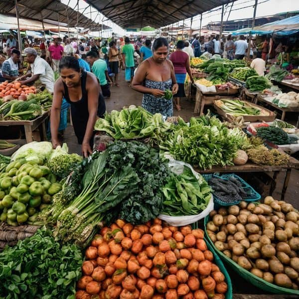Fiji market with fresh vegetables, local produce, and busy vendors.