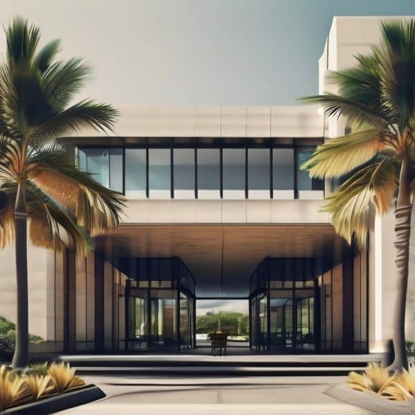 Fiji modern building with palm trees, sunny weather, tropical vibe.