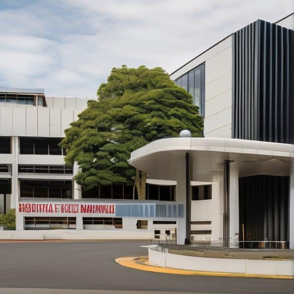 Modern office building with a large tree in front, located in Fiji.